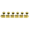 6 In Line Left Hand Deluxe Series Tuning Machines - Single Line - SafeTi Post - Gold With Oval Metal Buttons