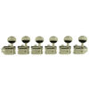 6 In Line Left Hand Deluxe Series Tuning Machines - Double Line - Drilled Post - Nickel With Oval Metal Buttons